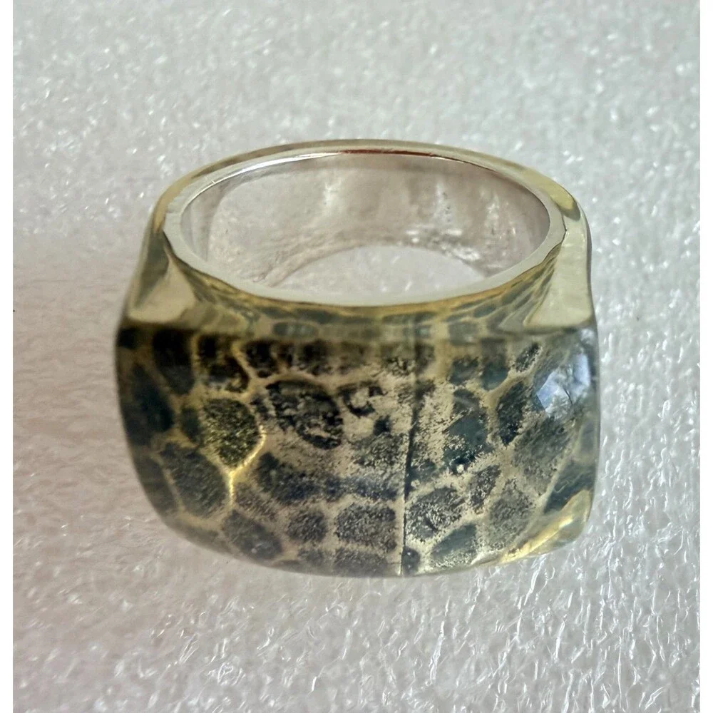 Vintage 925 Sterling Silver Textured Resin Honey Acrylic Chunky Signet Ring 6.5